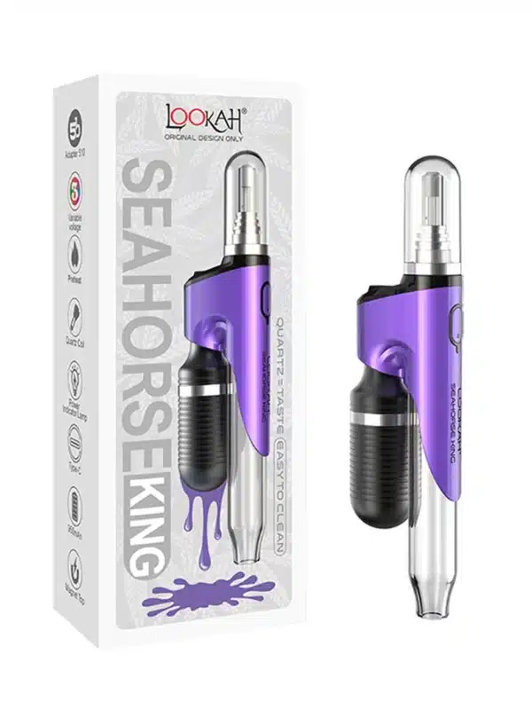 electric dab pen with purpe and black dicast body and see throuch plasitc draw tube on one end and quartz tip coil on the other