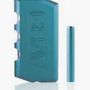 teal blue andozied aluminum rectangle with see through window and a sperate one hitter chillum the dug out has two seperate areas one for storage of product and one for torage of hitter.