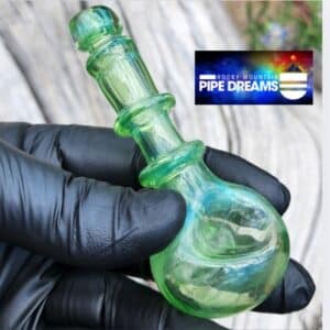 4.5 inch green glossy colored glass with 1 inch bowl- and the stem is adorned with glass circle