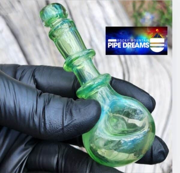 4.5 inch green glossy colored glass with 1 inch bowl- and the stem is adorned with glass circle