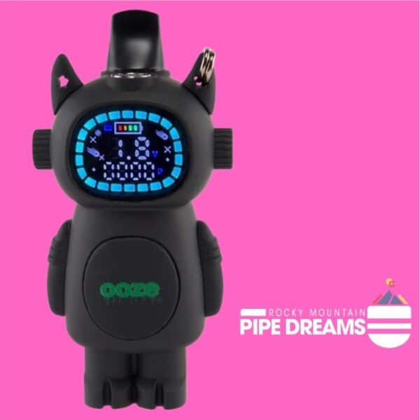 510 thread battery for cartridges in the form of a small robot characther with a large didgital scxreen and the brand name ooze in the center