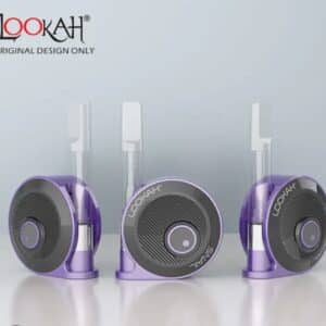 purple with black rflat base under it and draw stem off the top and button set up in the middle for controls