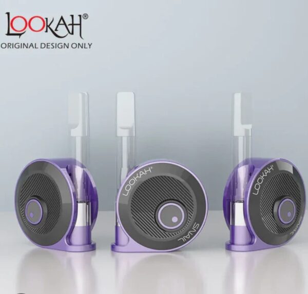 purple with black rflat base under it and draw stem off the top and button set up in the middle for controls