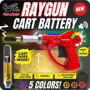 Raygun Penjamin Battery in red a retro raygun ,510 thread futuristic design with vivid LEDs, dynamic sound effects, USB-C charging, and intuitive activation for a smooth, ergonomic, fits all cart sizes